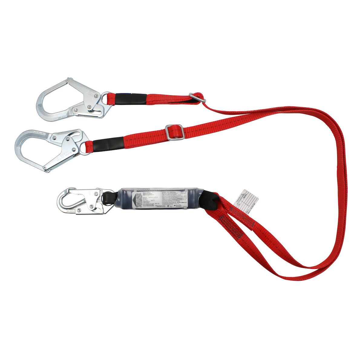 PIP® Dynamic™ Polyester Double-Leg Adjustable Y-Lanyard with Energy Absorber, Snap Hook and Two Rebar Hook Connectors - 6'